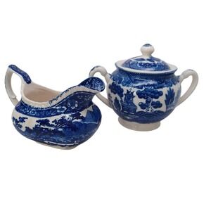 Vintage Blue Willow Creamer and Lidded Sugar Bowl Set Made in Japan Blue White